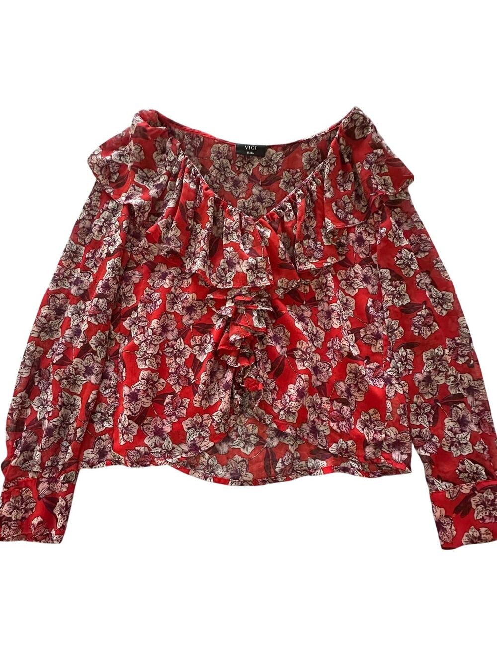 VICI Red Floral Ruffle Blouse Small Boho Peasant Top
